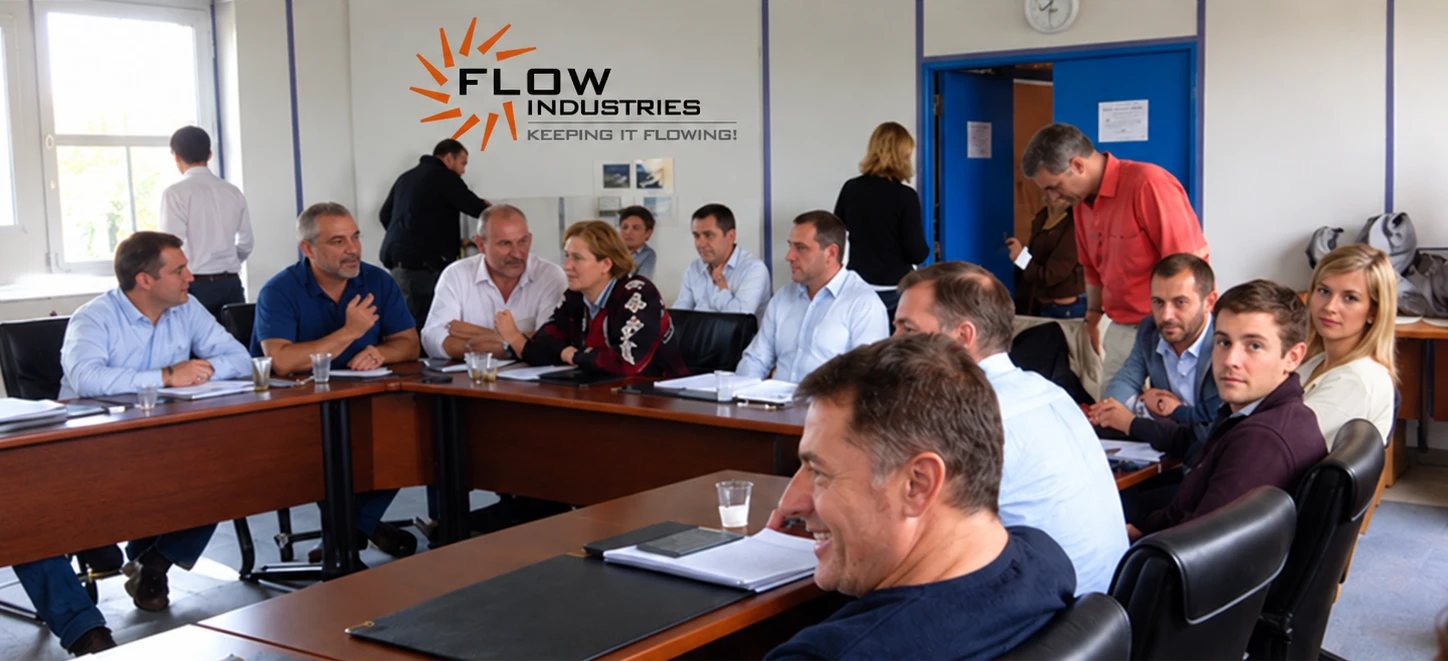 Flow engineering team around a table in a project meeting