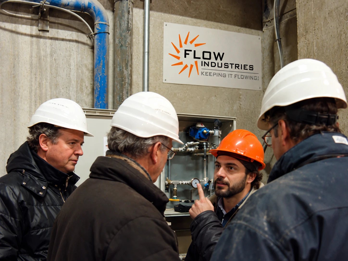 Flow engineers in hard hats reviewing installed equipment on site