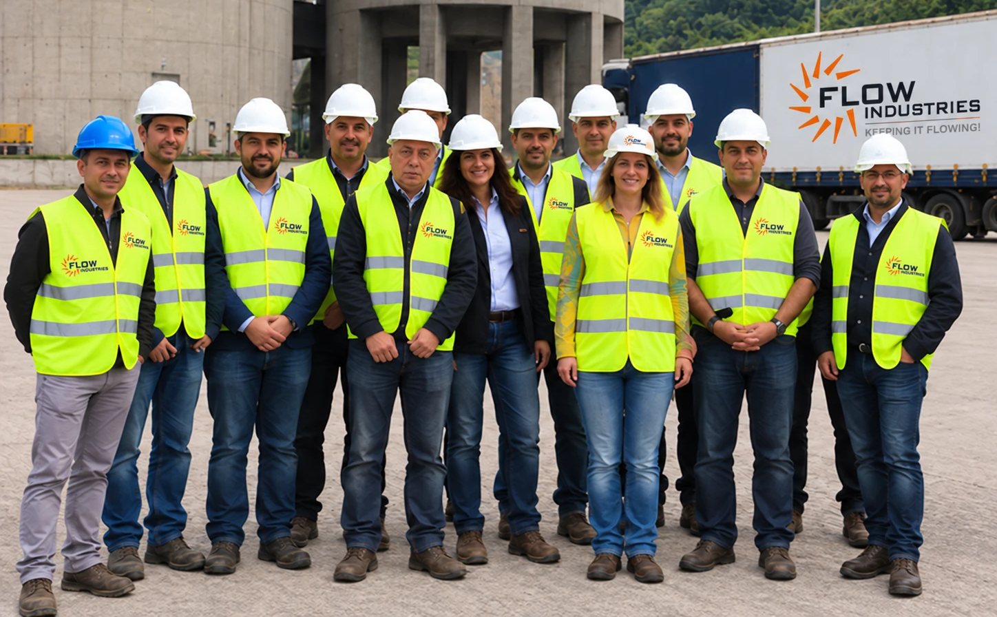 The Flow engineering team on site in hard hats and safety vests