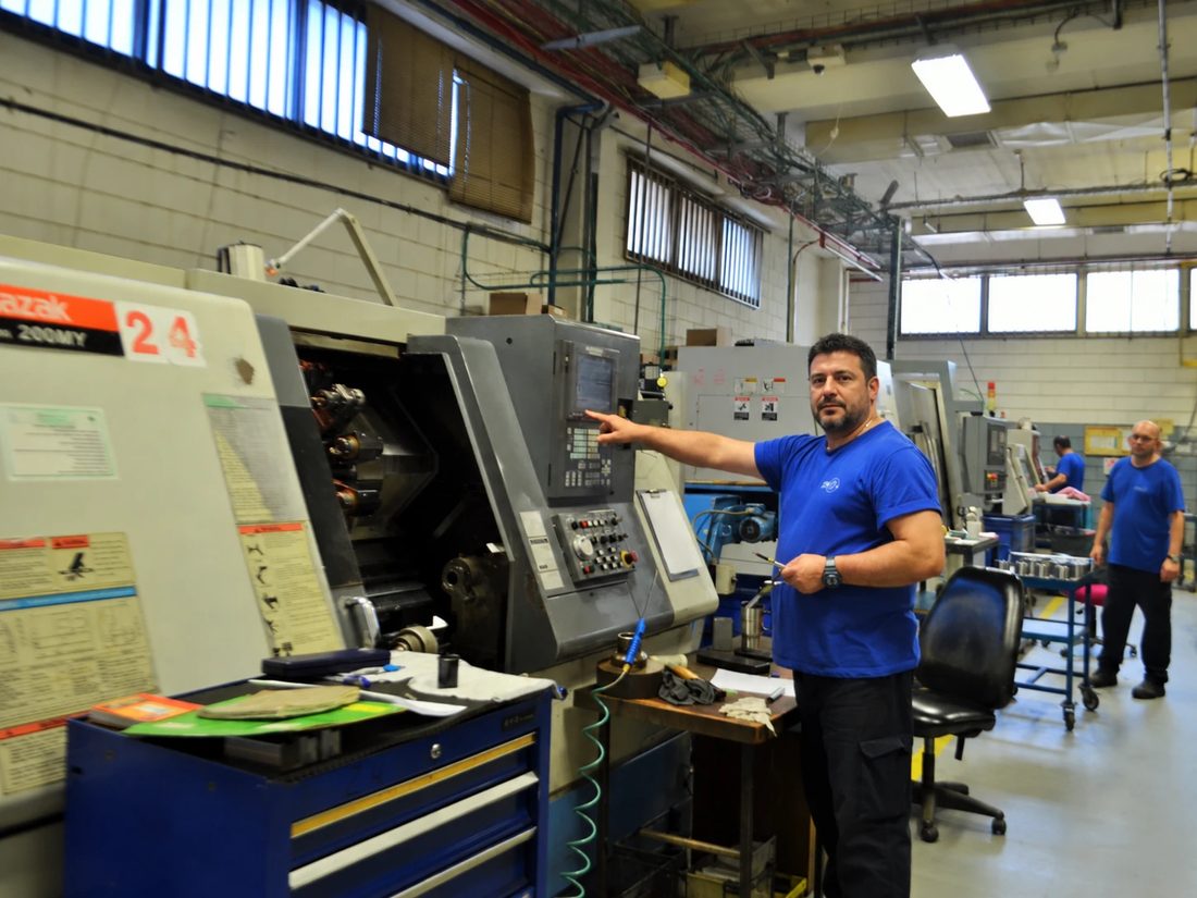 Machinist at the control panel of a Mazak CNC turning centre